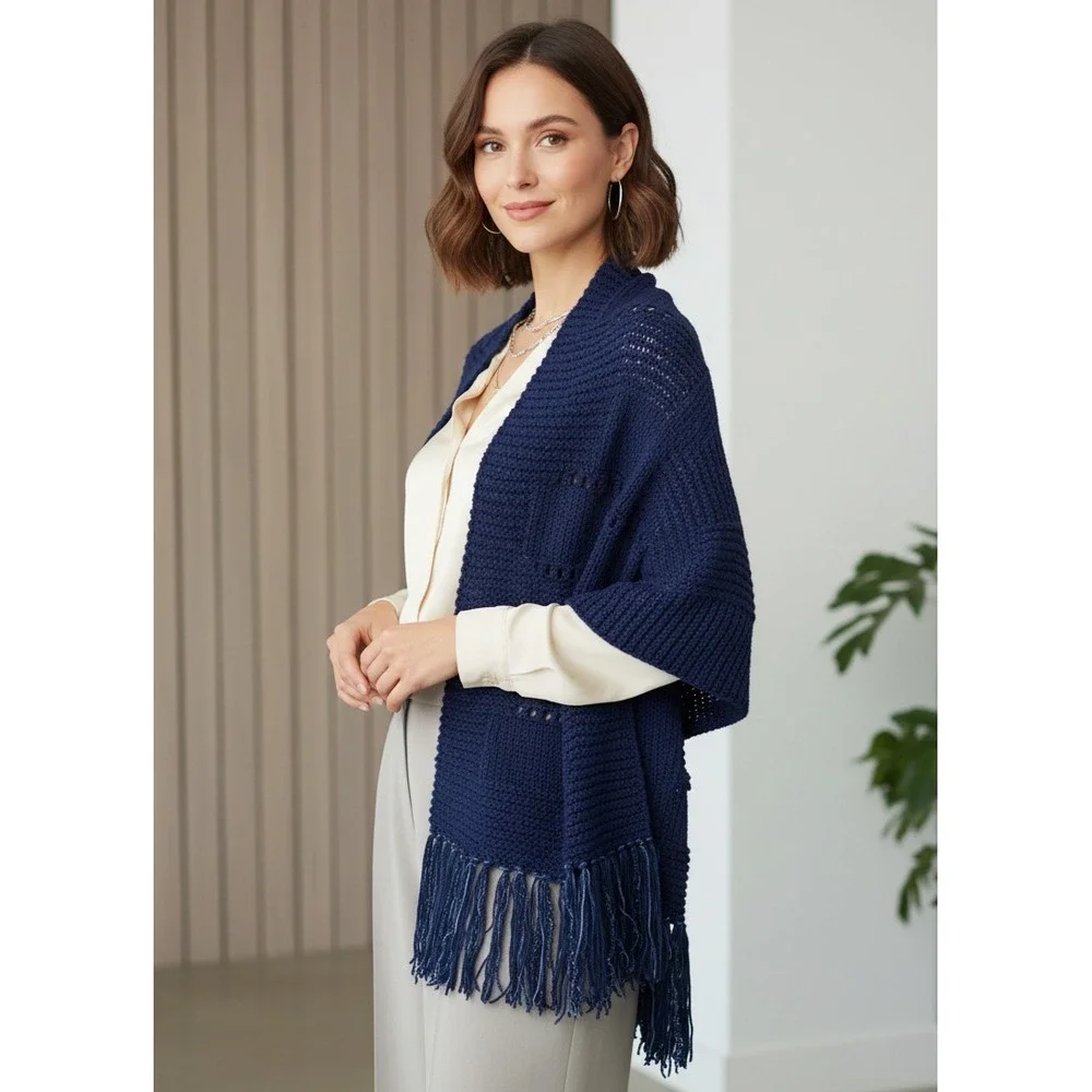 NEW Navy Blue Hand Knitted Shawl Wrap Scarf Eyelet Boho Coastal Glam Artsy Indie